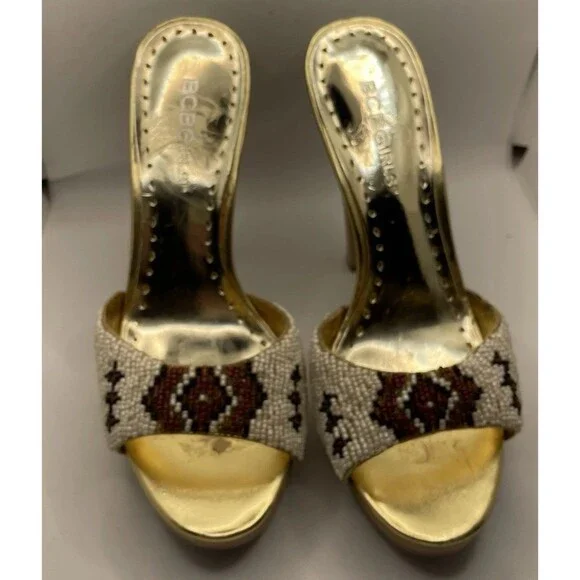 BCBG Beaded Gold Vintage Y2K Woden Platform Heels Size 7 - Picture 1 of 6